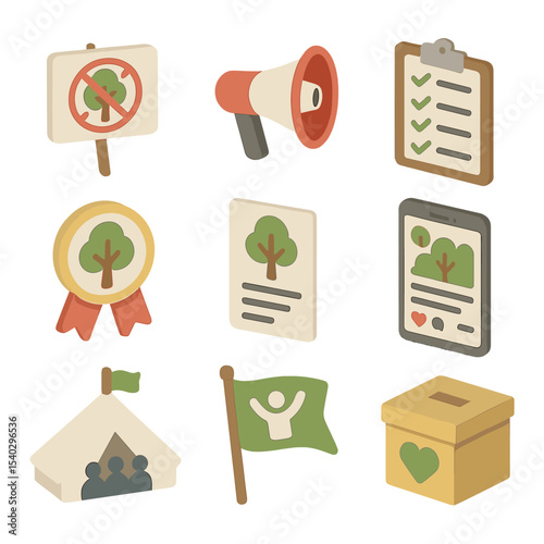 Community Activism Icons. Isometric Flat icon set of community activism against clearcut: protest sign, megaphone, petition