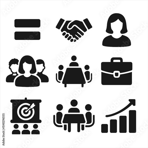 Diverse Leadership Icons. Solid, filled icons set of leadership diversity and inclusion: equal sign, handshake