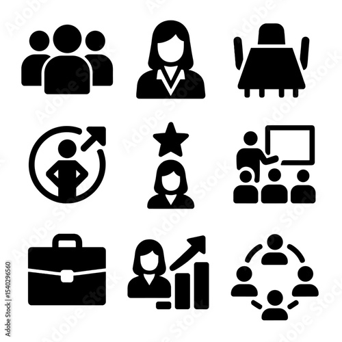 Diverse Leadership Icons. Solid, filled icons set of gender diversity in leadership: diverse group, female