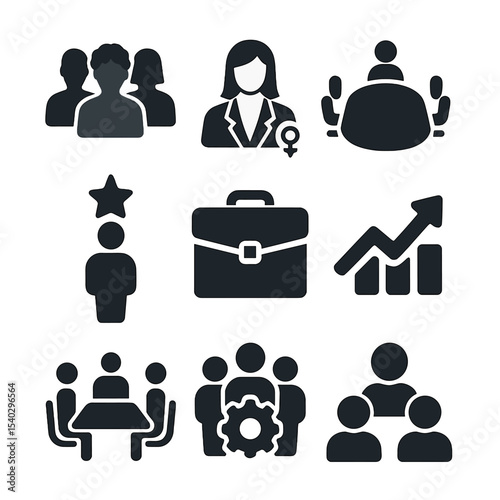 Diverse Leadership Icons. Solid, filled icons set of gender diversity in leadership: diverse group, female