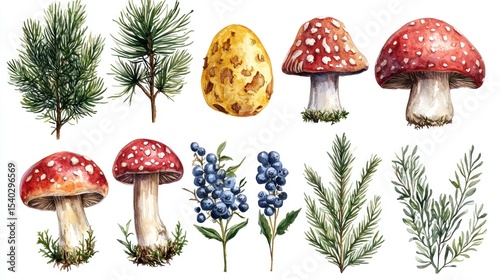 Watercolor illustration of forest elements mushrooms, berries, pine, and rosemary, isolated on white background.  High-resolution image suitable for print or digital use