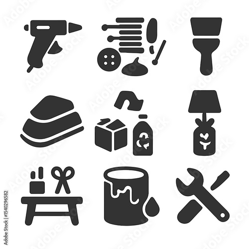 DIY Craft Icons. Solid, filled icons set of DIY upcycled crafts: glue gun, sewing kit, paint brush, sanding
