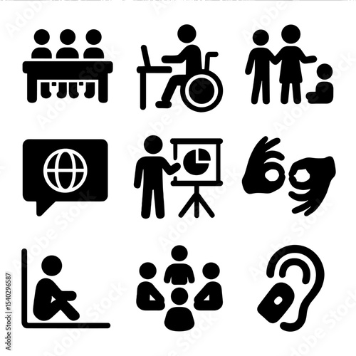 Diverse Learning Icons. Solid, filled icons set of diverse learning environments: group desk, assistive tech,