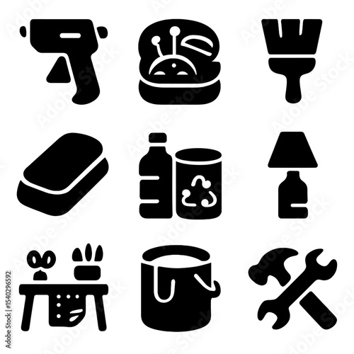 DIY Craft Icons. Solid, filled icons set of DIY upcycled crafts: glue gun, sewing kit, paint brush, sanding