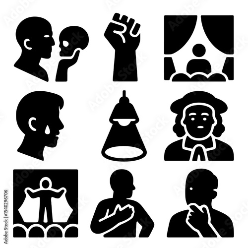Dramatic Icon Set. Solid, filled icons set of iconic monologues and legendary performances: Hamlet skull,