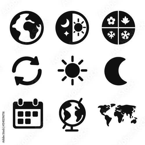 Earth Cycle Icons. Solid, filled icons set of understanding Earth's cycles: Earth globe, day and night,
