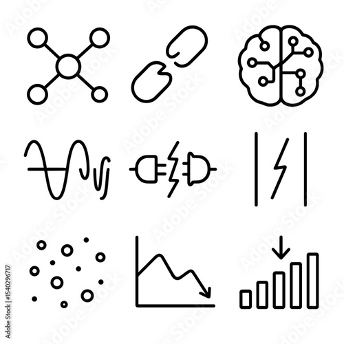 Connectivity Disruption Icons. Outline icon set of functional connectivity disruption: node network, broken link, brain network