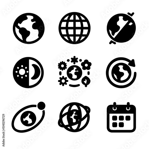 Earth Cycles Icons. Solid, filled icons set of understanding Earth’s cycles: Earth icon, globe icon, axis tilt