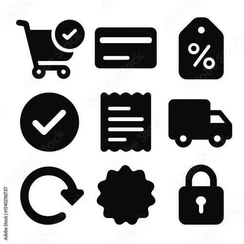 E-commerce Icon Set. Solid, filled icons set of e-commerce payment systems: cart checkout, card input field,