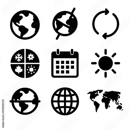 Earth's Tilt Icons. Solid, filled icons set of Earth's axial tilt: Earth globe, axis tilt, rotation arrows,