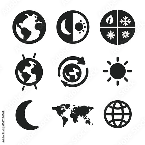 Earth's Rhythms Icons. Solid, filled icons set of natural rhythms of Earth: Earth icon, day and night, seasons