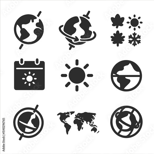 Earth's Tilt Icons. Solid, filled icons set of Earth's axial tilt: Earth globe, axis tilt, rotation arrows,