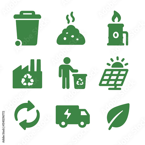 Eco Friendly Icons. Solid, filled icons set of reducing landfill impact: green waste bin, compost, landfill