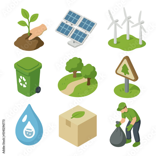 Conservation Efforts Icons. Isometric Flat icon set of conservation efforts: reforestation sapling, solar panel array, wind