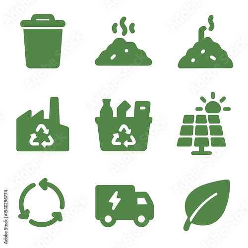 Eco Friendly Icons. Solid, filled icons set of reducing landfill impact: green waste bin, compost, landfill