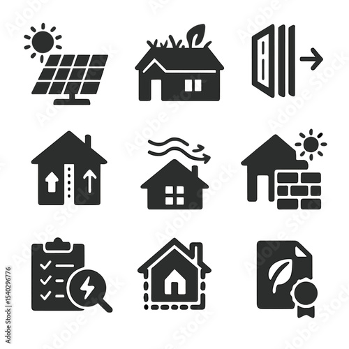 Eco Architecture Icons. Solid, filled icons set of energy-efficient architecture: solar panels, green roof,