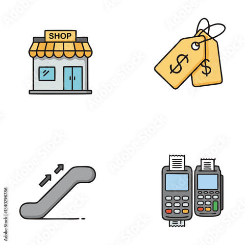 E-commerce icons: store, escalator, card reader