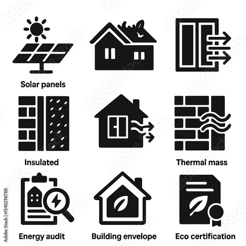 Eco Architecture Icons. Solid, filled icons set of energy-efficient architecture: solar panels, green roof,