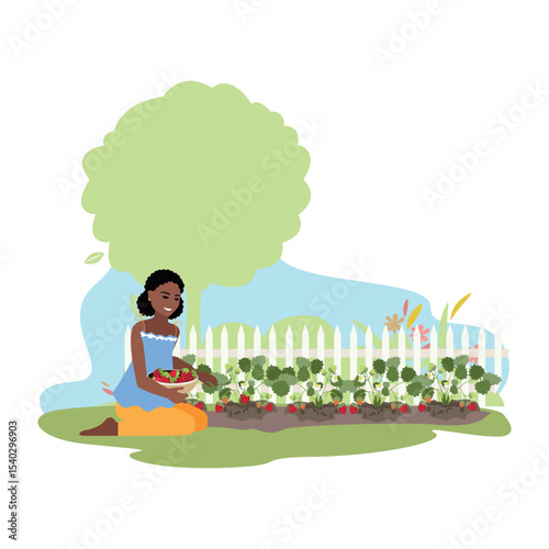 Happy girl picking ripe and juicy strawberries. Growing vegetables fruits and berries at home. Vector illustration.