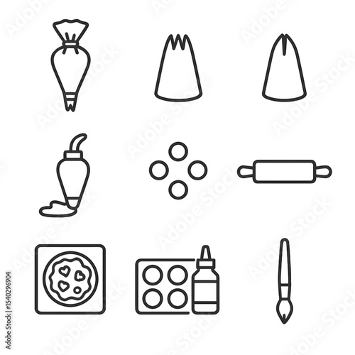 Cookie Decorating Tools. Outline icon set of cookie decorating tools: piping bag, star tip, leaf tip, flood icing, sugar pearls,