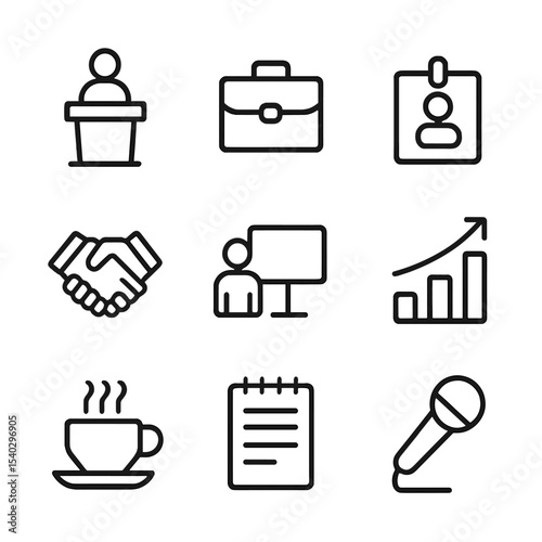 Corporate Event Icons. Outline icon set of corporate events: podium, briefcase, name badge, handshake, presentation screen, chart,