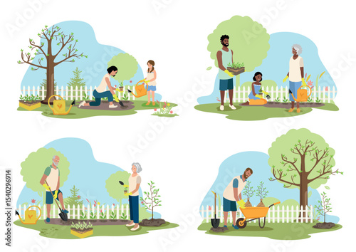 Happy people of different ages plant seedlings in their garden. Healthy lifestyle. Agricultural work. Set vector illustration.