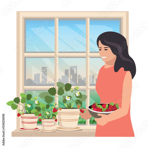 Happy girl picking ripe and juicy strawberries. Growing vegetables fruits and berries at home. Vector illustration.