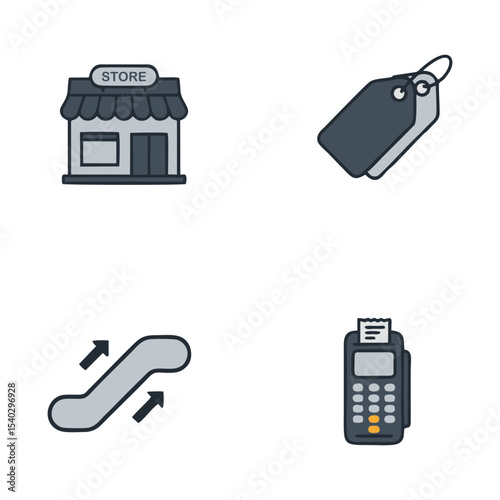 Soft shadow icons of store, tag, escalator, POS
