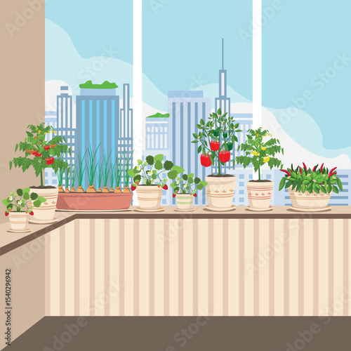 Vegetable garden on a balcony in a big city. Growing vegetables and berries at home on a balcony or windowsill. Vector illustration.