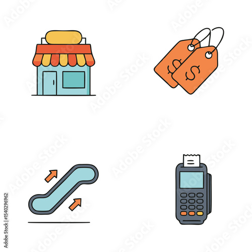 Vector shopping icons with barcode tag and terminal