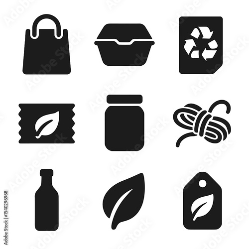 Eco-Friendly Packaging Icons. Solid, filled icons set of eco-friendly packaging: paper bag, biodegradable box,