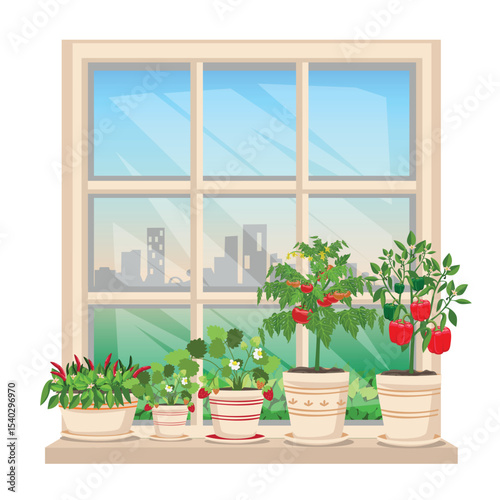Vegetable garden on the window in a big city. Growing vegetables and berries at home on a balcony or windowsill. Vector illustration.
