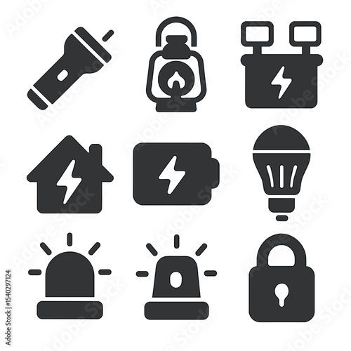 Emergency Lighting Icons. Solid, filled icons set of emergency lighting: flashlight icon, lantern icon,