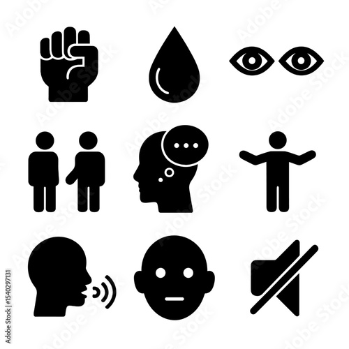 Emotional Acting Icons. Solid, filled icons set of emotional acting techniques: clenched fist, tear icon, eye