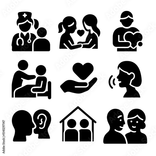 Empathy Icons Set. Solid, filled icons set of empathy in caregiving professions: nurse empathy, teacher