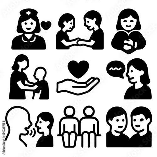 Empathy Icons Set. Solid, filled icons set of empathy in caregiving professions: nurse empathy, teacher