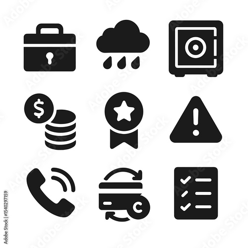 Emergency Savings Icons. Solid, filled icons set of emergency savings prep: lockbox, rainy day icon, safe icon