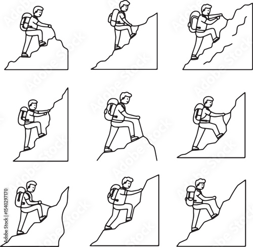 Nine Line Drawings of Hikers Ascending Steep Slopes A Collection of Hiking Illustrations