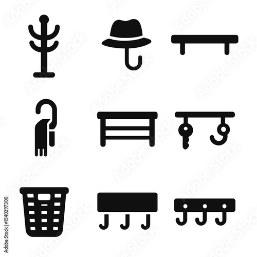 Entryway Icon Set. Solid, filled icons set of entryway organization: coat rack, hat hanger, wall shelf, scarf
