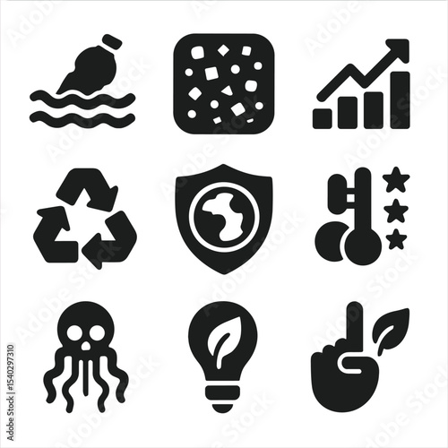 Environmental Awareness Icons. Solid, filled icons set of environmental impact awareness: ocean pollution,