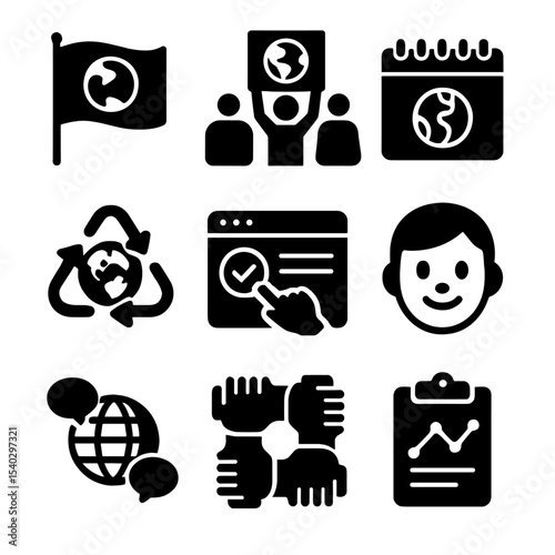Environmental Icons Set. Solid, filled icons set of global environmental movements: Earth flag, international