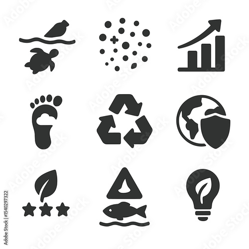 Environmental Awareness Icons. Solid, filled icons set of environmental impact awareness: ocean pollution,