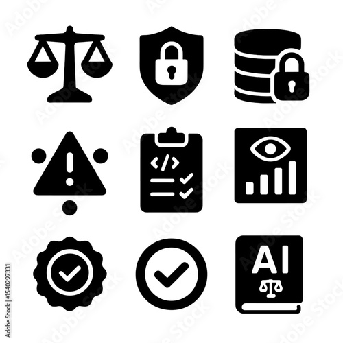 Ethical AI Icons Grid. Solid, filled icons set of ethical AI and governance: balance scale, privacy shield,