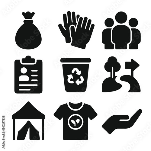 Environmental Volunteer Icons. Solid, filled icons set of environmental volunteerism: trash bag, gloves, group