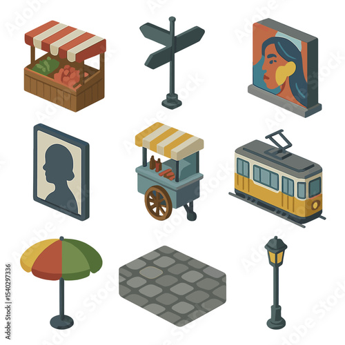 Cultural Street Icons. Isometric Flat icon set of cultural street photography: market stall, street sign, mural wall, portrait