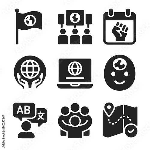 Environmental Icons Set. Solid, filled icons set of global environmental movements: Earth flag, international