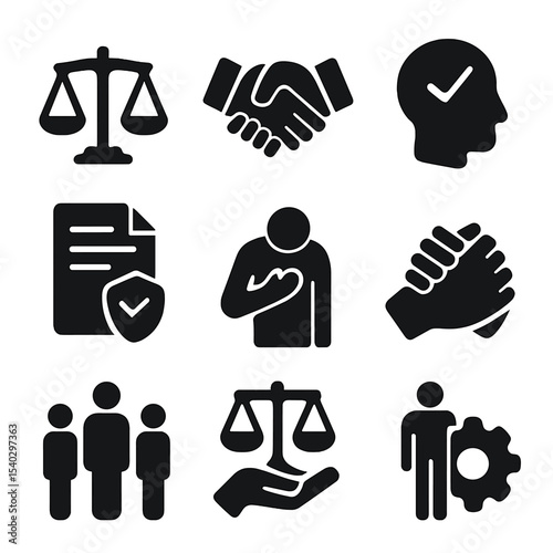 Ethical Leadership Icons. Solid, filled icons set of ethical leadership: balance scale, handshake, ethical