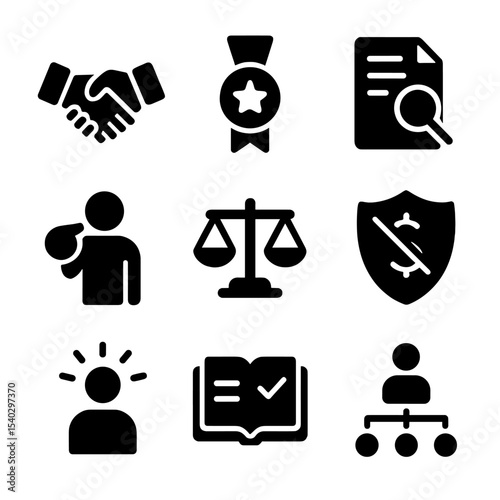 Ethical Politics Icons. Solid, filled icons set of ethical behavior in politics: handshake icon, honesty badge