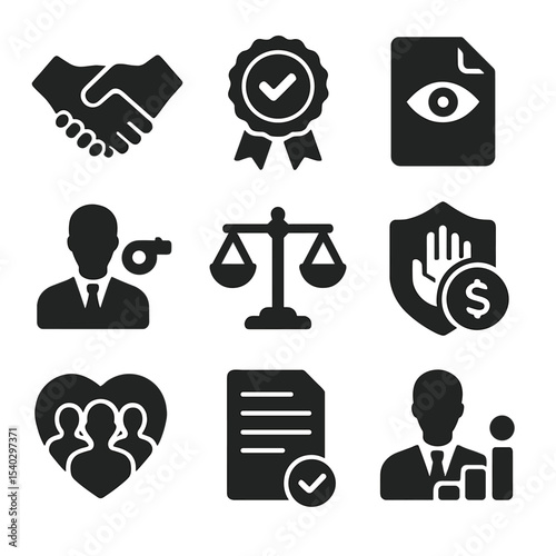 Ethical Politics Icons. Solid, filled icons set of ethical behavior in politics: handshake icon, honesty badge
