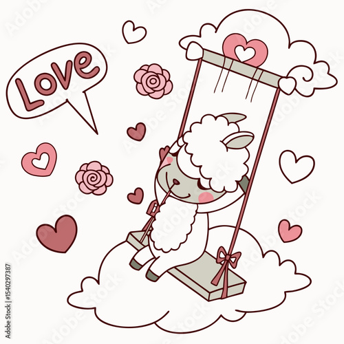 SVG art: A Content Alpaca in a Valentine vibe with on a cloud swing, tinted with Valentine Blush tones
